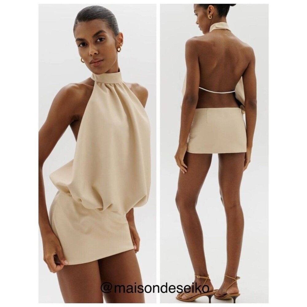 NWT Cultnaked Mini Dress Beige Bubble Vegan Leather Halter Romper Jumpsuit sz S